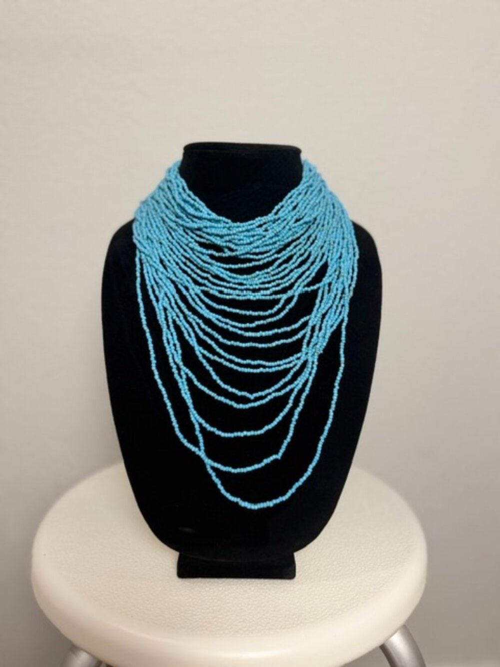 Turquoise Blue Multi-Strand Seed Bead Statement Necklace